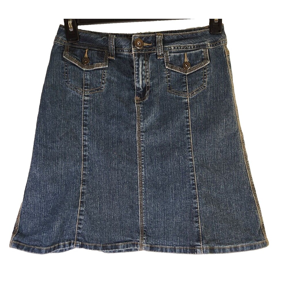 Baccini Womens 4 Skirt Denim Knee Length Aline Pockets top stitch